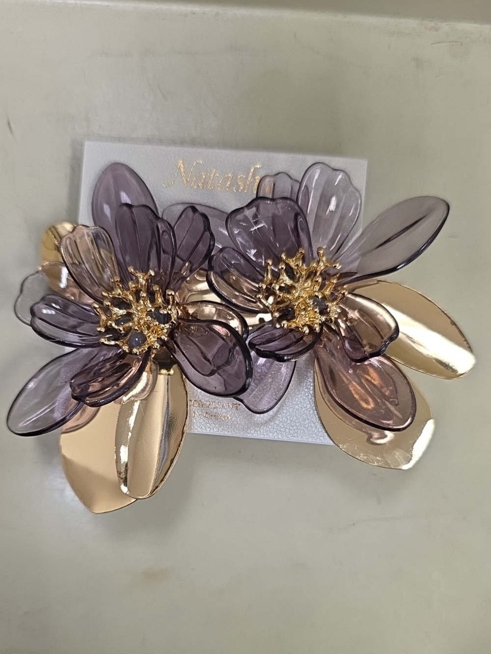 Natasha Couture Translucent Purple and Gold Floral Earrings